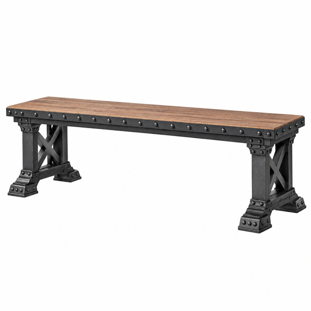 Ławka 180 x 40 x 45 cm z drewnianym siedziskiem i metalową podstawą w stylu industrialnym