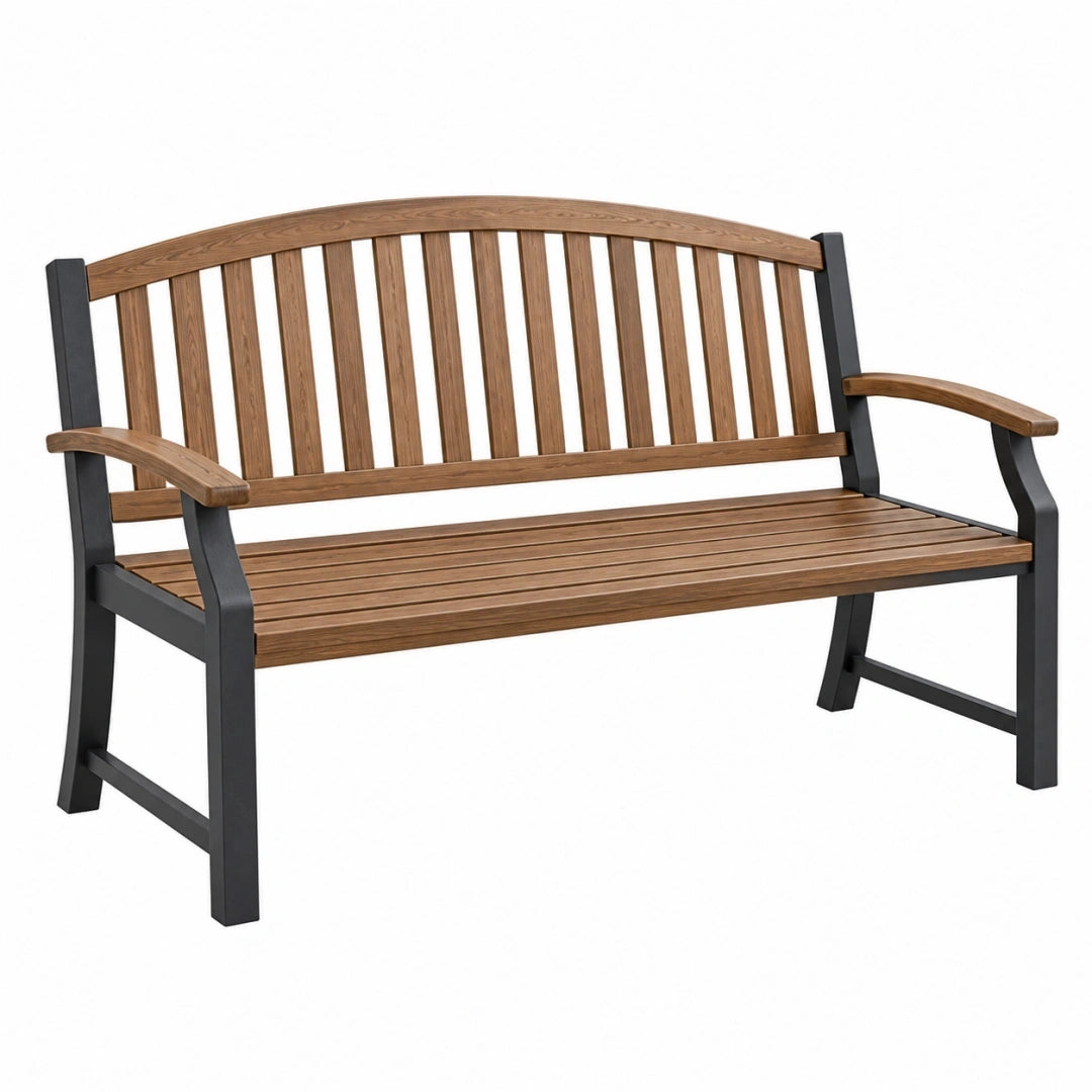 Ławka ogrodowa 150 x 65 x 90 cm drewniano-metalowa brązowo-czarna z oparciem i podłokietnikami
