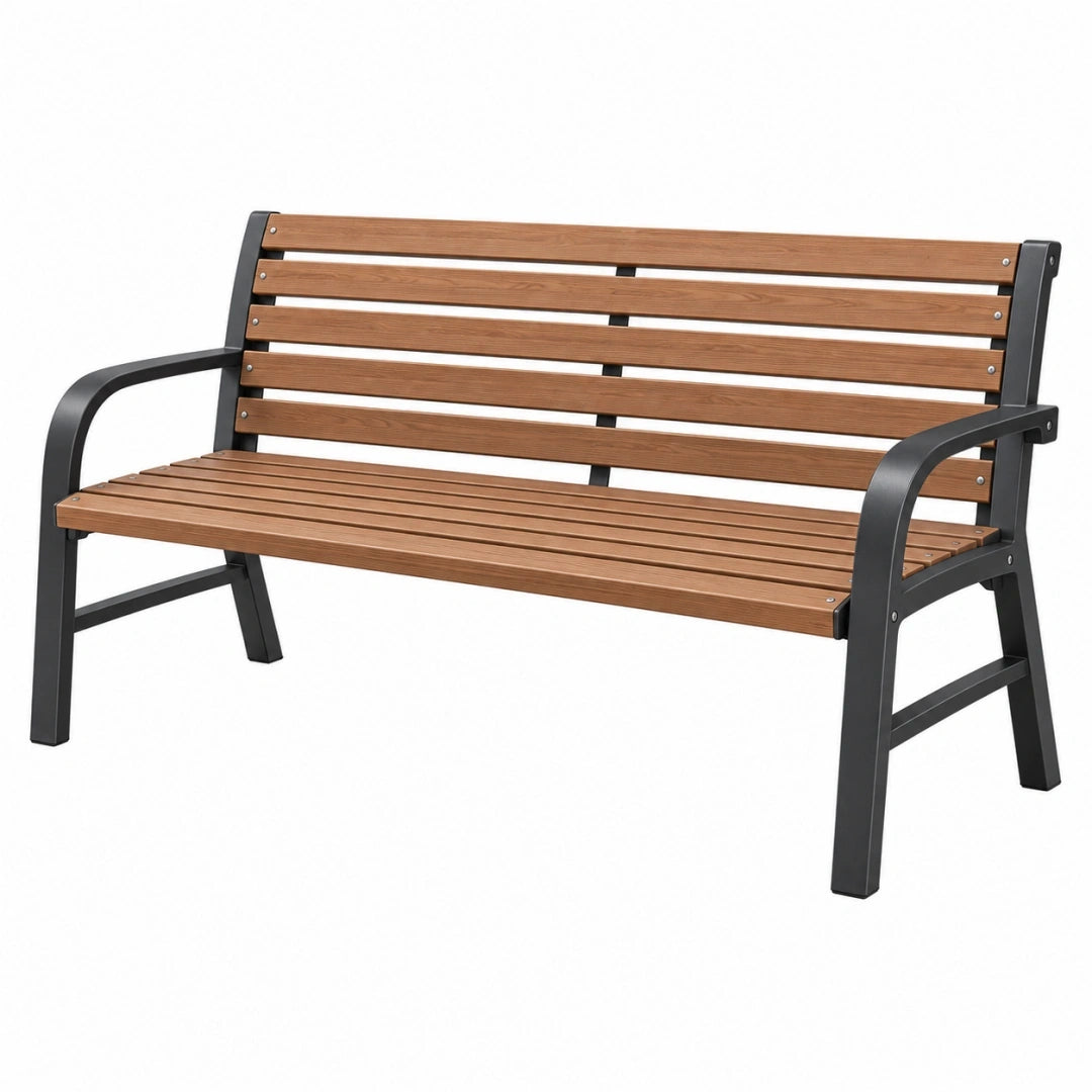 Ławka ogrodowa 150 x 62 x 85 cm drewniano-metalowa brązowa czarna z oparciem i podłokietnikami