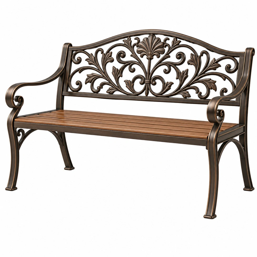 Ławka ogrodowa 125 x 60 x 90 cm metalowa brązowa z drewnianym siedziskiem klasyczna