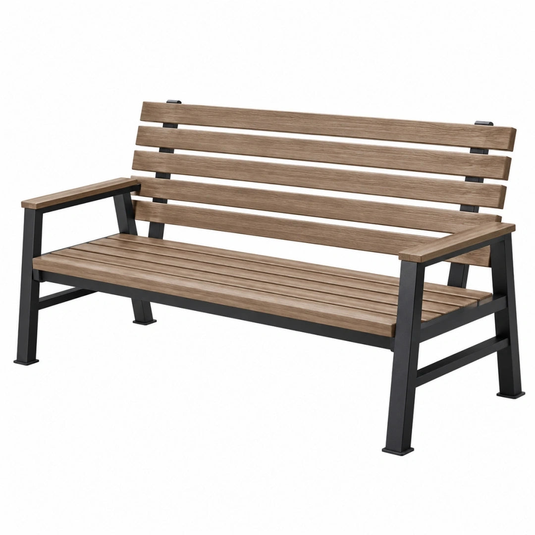 Ławka ogrodowa 150 x 65 x 88 cm z listwami w kolorze brązowym i stalową ramą czarna