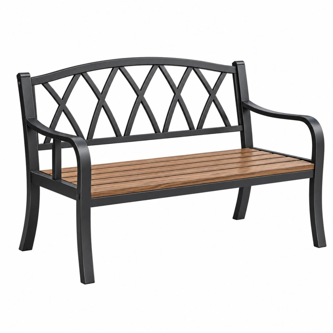 Ławka ogrodowa 120 x 60 x 85 cm z metalu i drewna czarna brązowa klasyczna