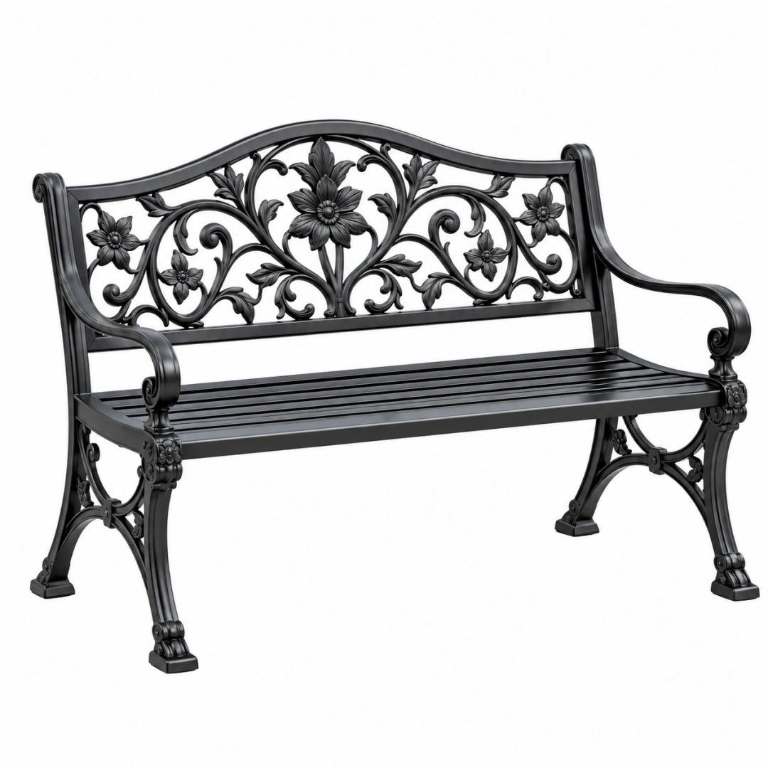 Ławka ogrodowa 125 x 60 x 90 cm metalowa czarna w stylu klasycznym