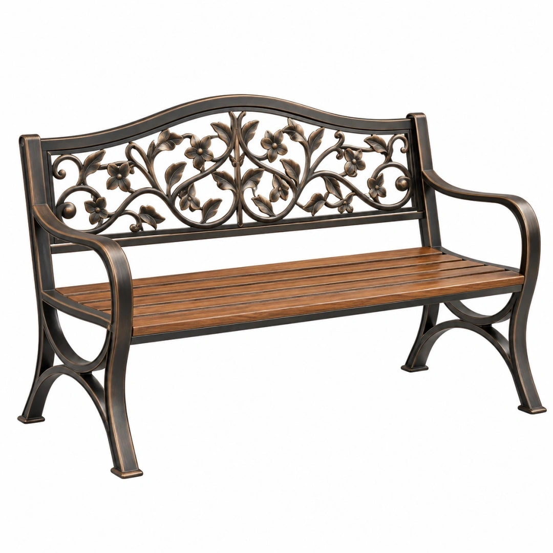 Ławka ogrodowa 120 x 60 x 90 cm z metalu i drewna brązowa dekoracyjna
