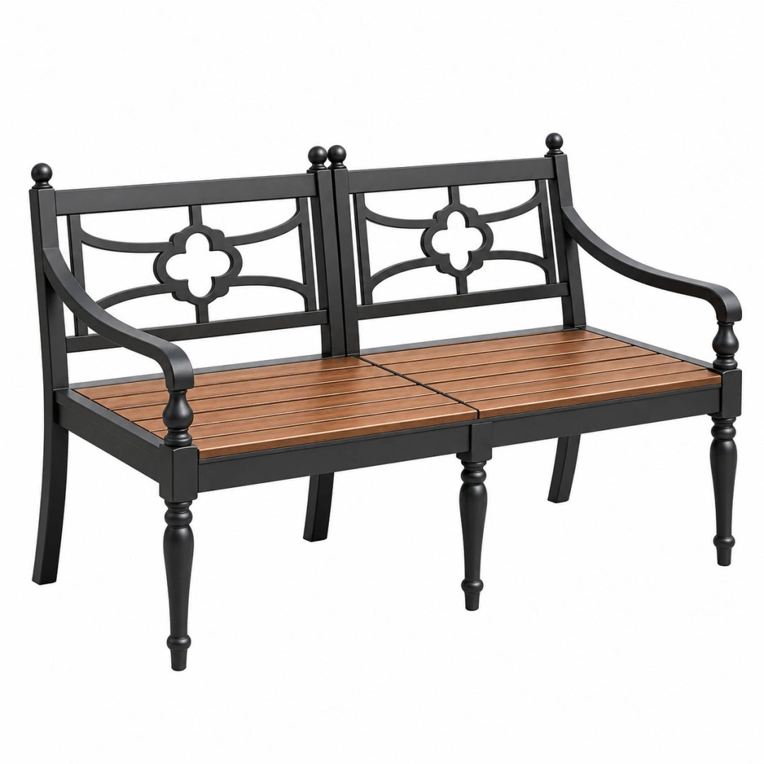 Dwuosobowa ławka ogrodowa 122 x 61 x 88 cm metalowa z drewnianym siedziskiem czarna/brązowa klasyczna