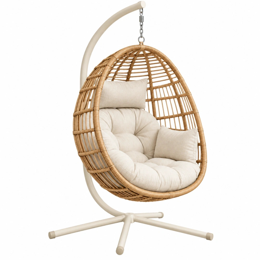 Fotel wiszący ogrodowy 105 x 105 x 195 cm rattanowy beżowy ze stalowym stelażem