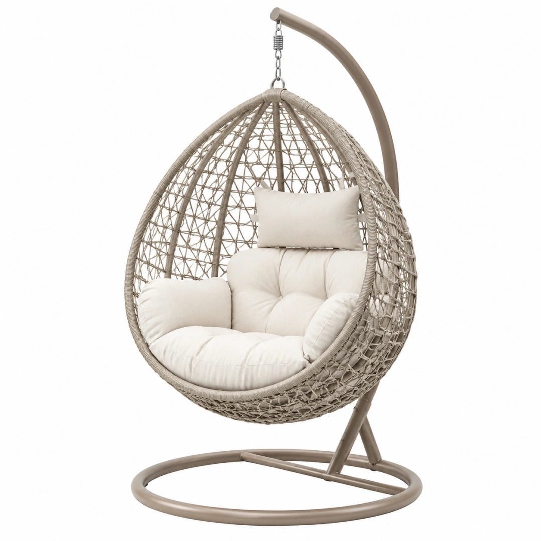 Fotel wiszący ogrodowy 105 x 105 x 195 cm z technorattanu beżowy ze stelażem