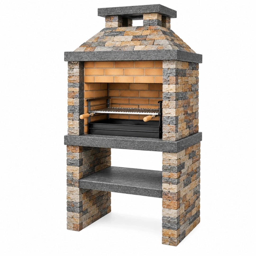 Grill ogrodowy murowany 100 x 70 x 210 cm z kamienia naturalnego brązowo-szary z rusztem
