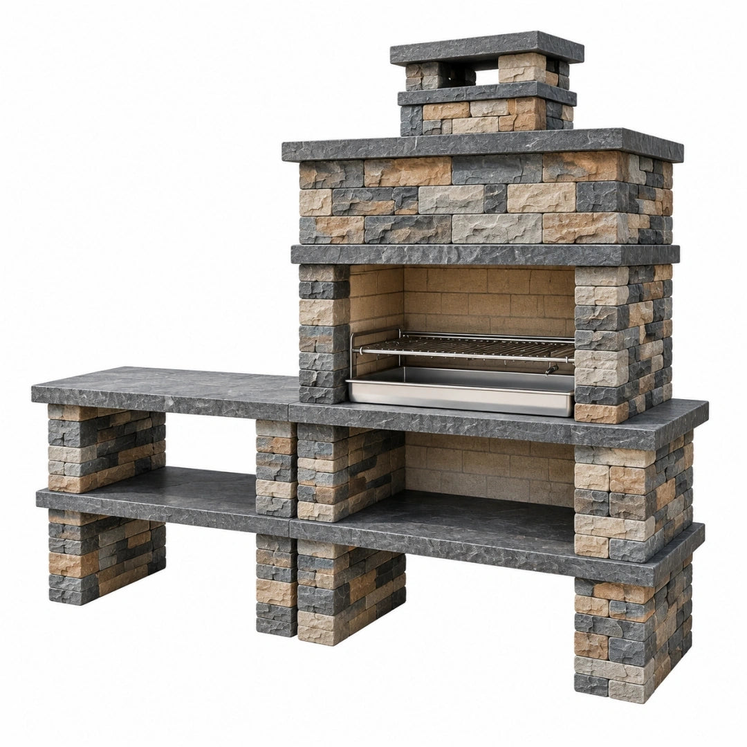 Grill ogrodowy 200 x 70 x 220 cm z kamienia szary beżowy z paleniskiem i blatem